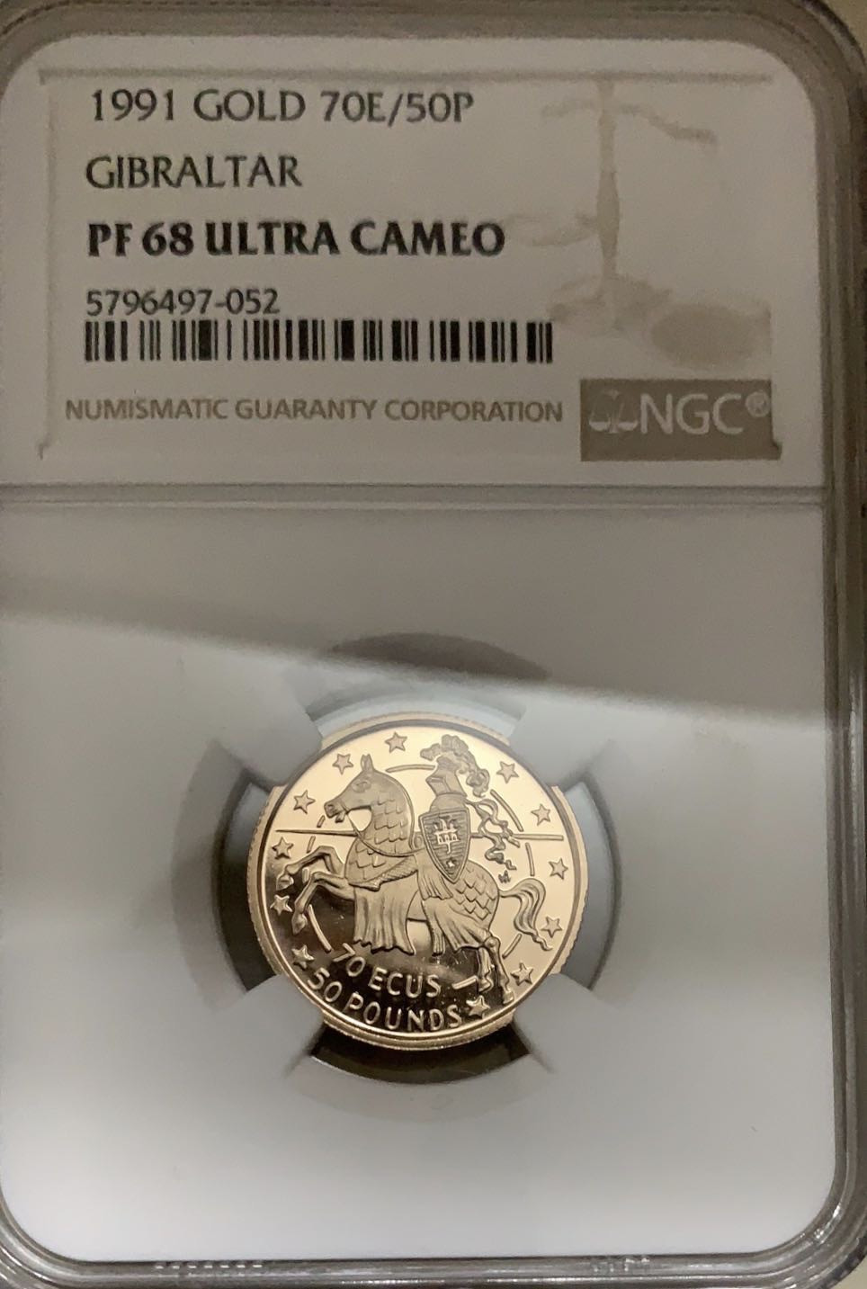 紫瑗钱币—微拍第46期  直布罗陀 1991年 古代骑士 70欧元/50磅 双面值 NGC PR68 UC 6.12克 0.5金 