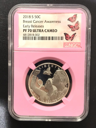【随心拍&GetCoins】现代钱币拍卖第四十六期 2018年美国费城造币厂“意识乳腺癌”公益性50分镍币 NGC70