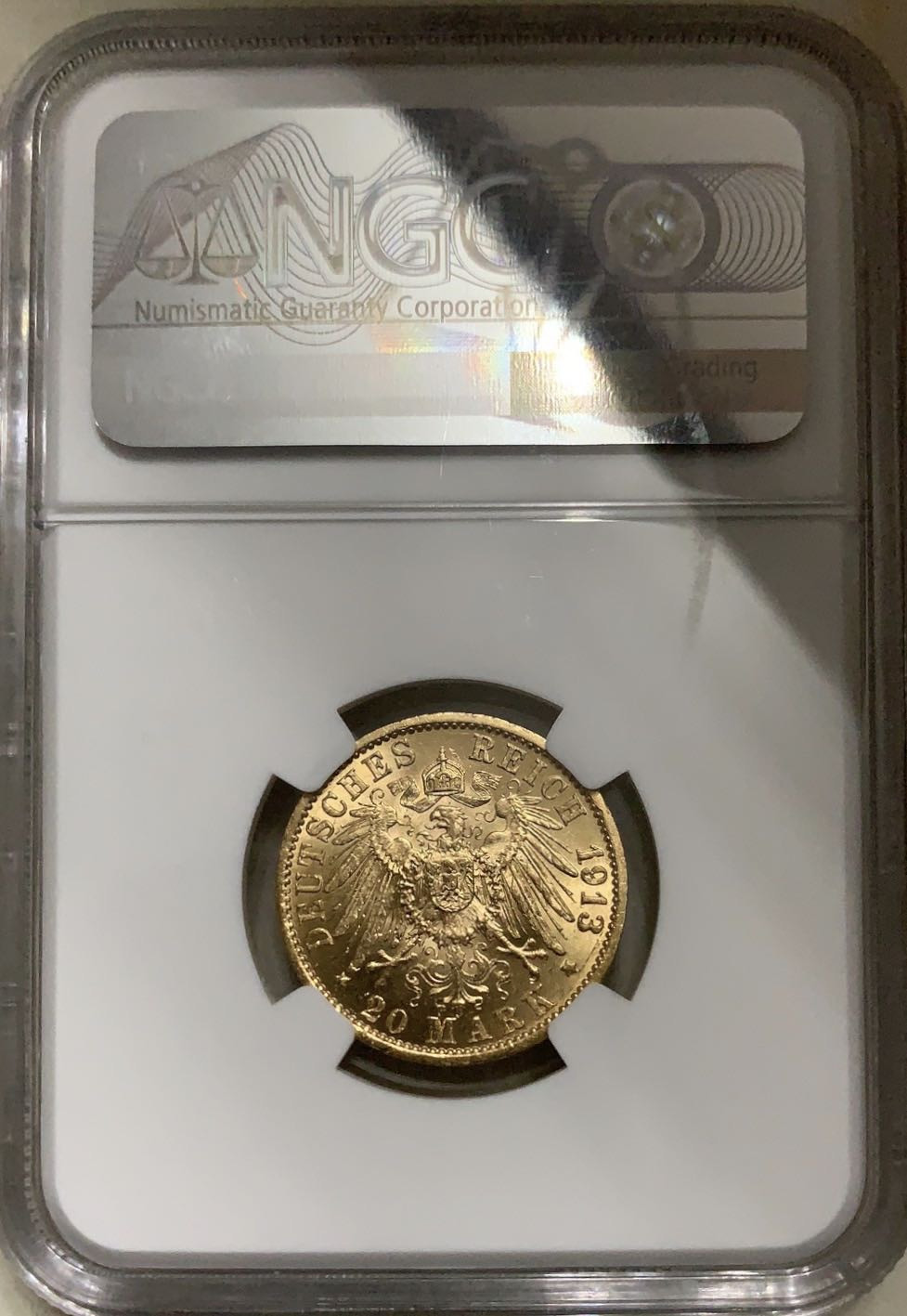 紫瑗钱币—微拍第46期  德国 普鲁士 1910年 威廉二世 军装 20马克 NGC MS63 7.965克 0.9金