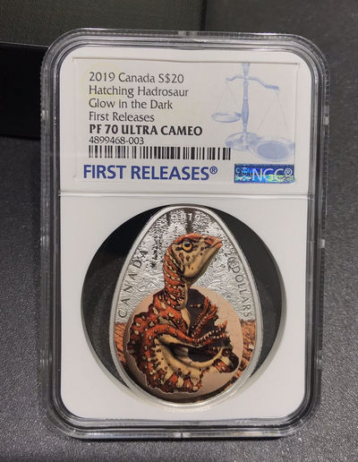 【随心拍&GetCoins】现代钱币拍卖第四十六期 加拿大2019年恐龙蛋系列孵化的鸭嘴龙夜光银币NGC70首期蓝标