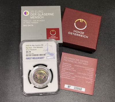 【随心拍&GetCoins】现代钱币拍卖第四十六期 奥地利2020年银铌双金属系列大数据25欧纪念银币NGC70首期蓝标