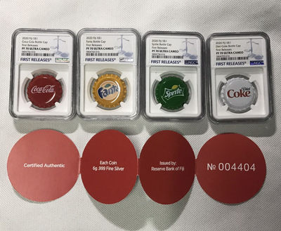 【随心拍&GetCoins】现代钱币拍卖第四十六期 斐济2019年可口可乐雪碧芬达贩卖机瓶盖形银币全套NGC70首期蓝标