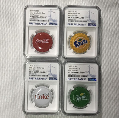 【随心拍&GetCoins】现代钱币拍卖第四十六期 斐济2019年可口可乐雪碧芬达贩卖机瓶盖形银币全套NGC70首期蓝标