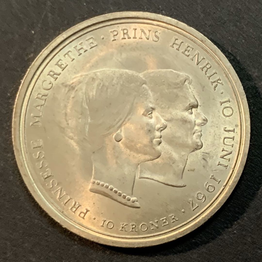 紫瑗钱币—微拍第47期  丹麦 1967年 玛格丽特大婚 10克朗 20.4克 0.8银