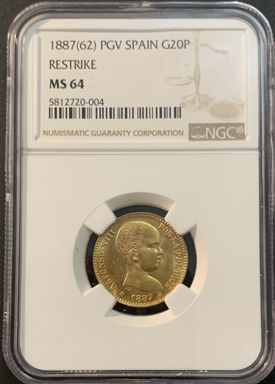 紫瑗钱币—微拍第47期  西班牙 1887年 阿方索十三世 婴儿头 20比塞塔 NGC MS64