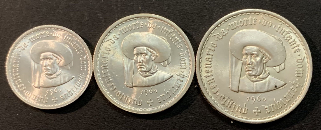 紫瑗钱币—微拍第47期  葡萄牙 1960年 亨利王子500周年  5 10 20埃斯库多 三枚一套 共40.5克 0.835银 UNC