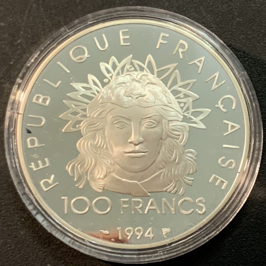 紫瑗钱币—微拍第47期  法国 1994年 亚特兰大奥运会 标枪 100法郎 33.63克 0.925银 精制