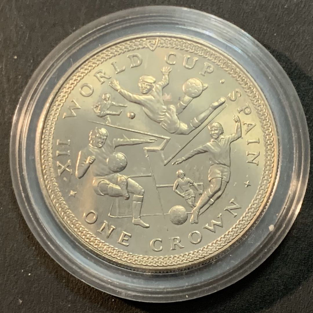 紫瑗钱币—微拍第47期  马恩岛 1982年 西班牙世界杯 1克朗 28.28克 0.925银 