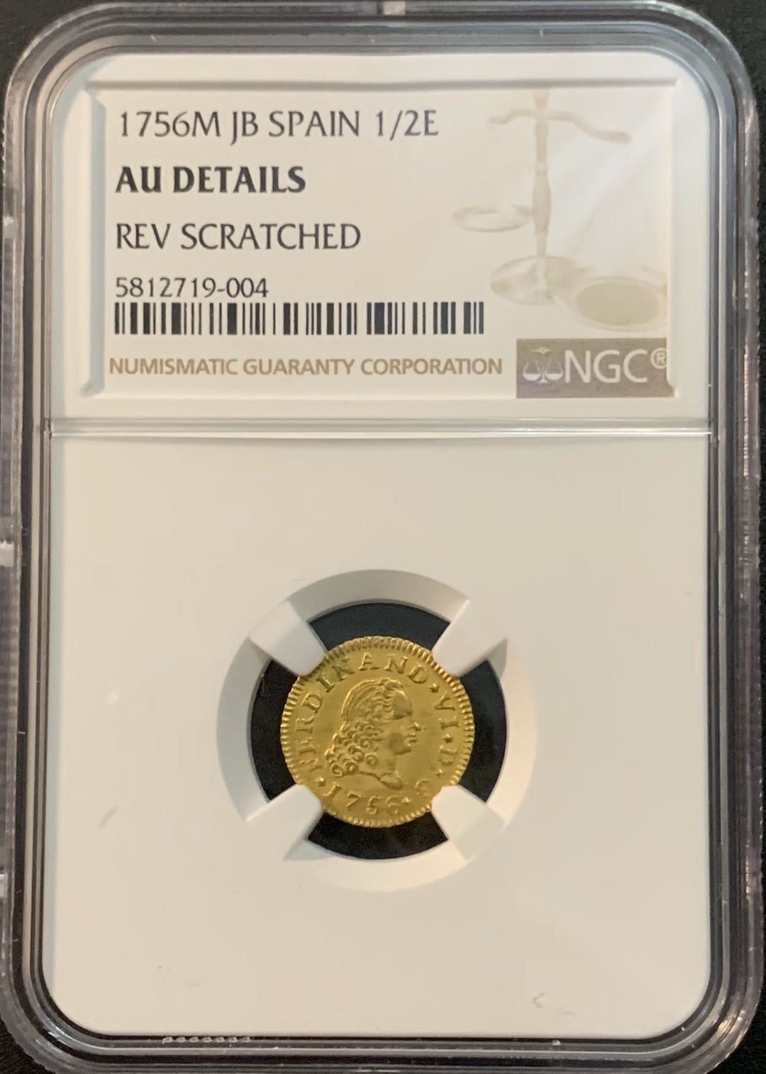 紫瑗钱币—微拍第47期  西班牙 1756年 费迪南六世 1/2埃斯库多 NGC AU Detail