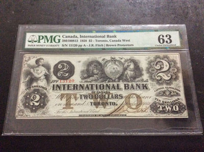 【收藏联盟】第131期拍卖——星月旗帜（共61拍） - 加拿大 1858年 2元 PMG63 较少见