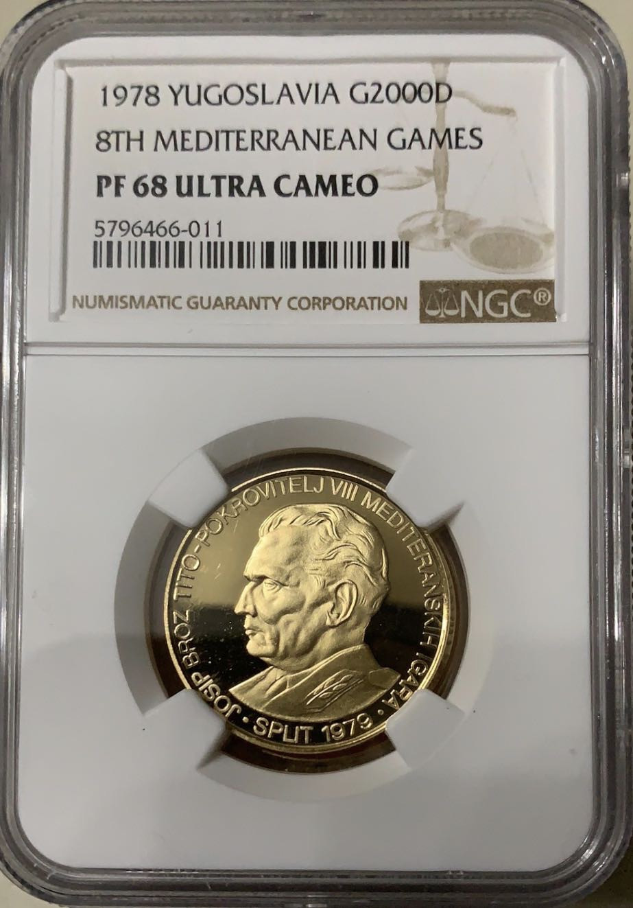 紫瑗钱币—微拍第47期  南斯拉夫 1978年 第八届地中海运动会 2000第纳尔 11.8克 0.9金 NGC PR68 UC