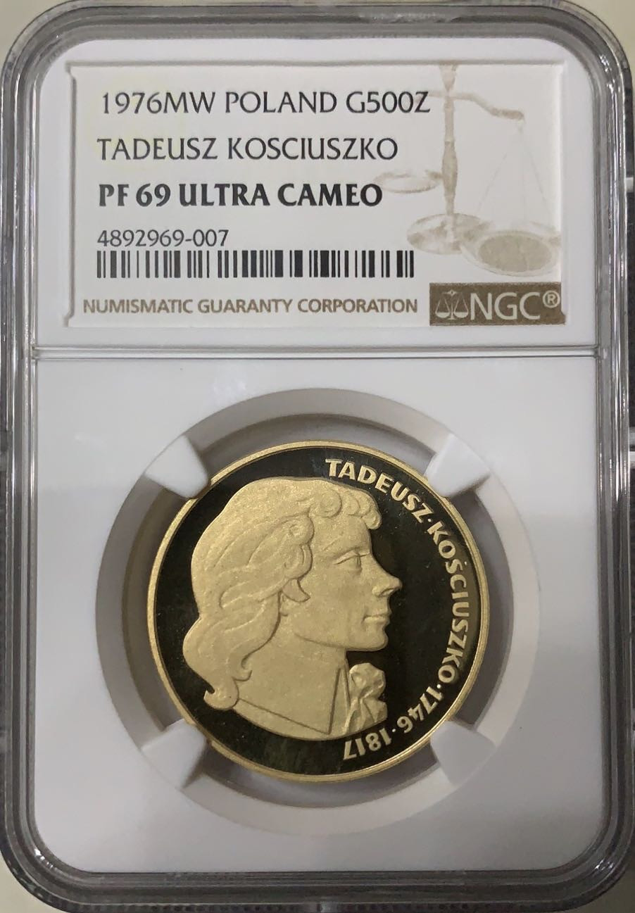 紫瑗钱币—微拍第47期  波兰 1976年 柯斯丘什科 500兹罗提 金币 30克 0.9金 NGC PR69 UC