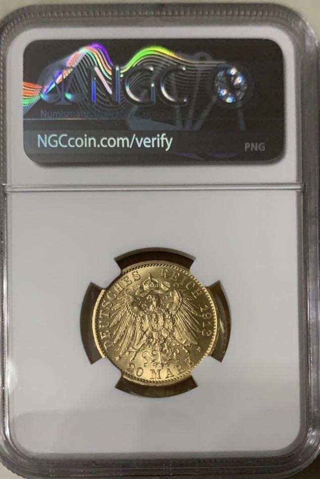 紫瑗钱币—微拍第47期  德国 普鲁士 1913年 威廉二世 20马克 7.965克 0.9金 NGC MS64
