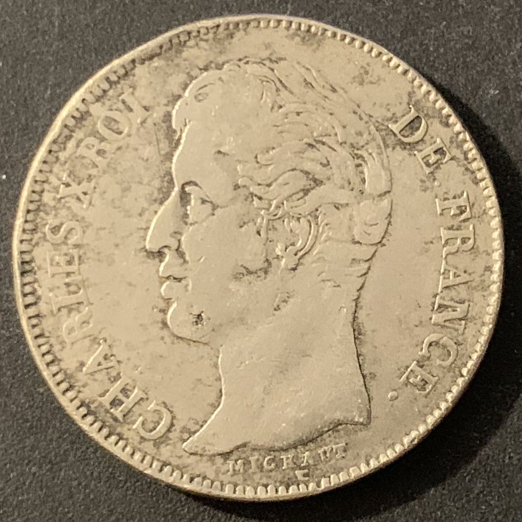 紫瑗钱币—微拍第48期  法国 1827年 查尔斯十世 5法郎 25克 0.9银