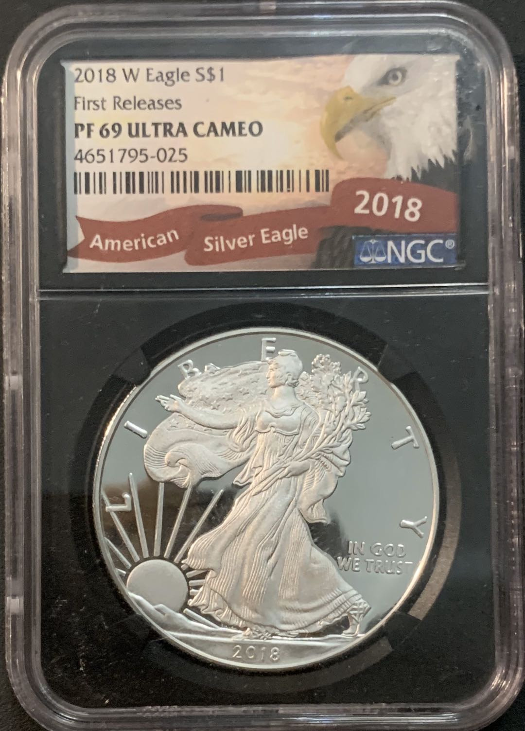 紫瑗钱币—微拍第48期  美国 2018年 W版 行走投资银币 1美元 NGC PR69 UC 首期纪念黑盒