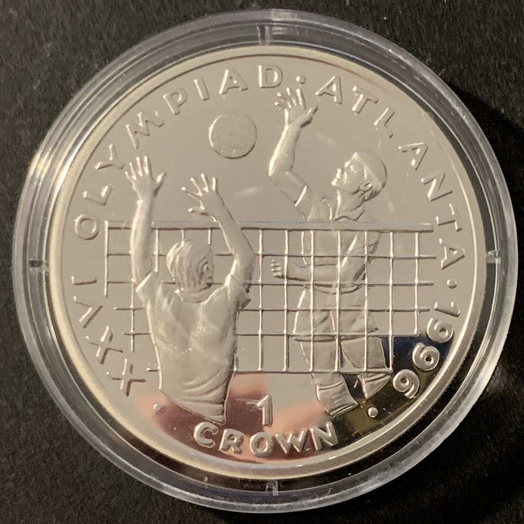 紫瑗钱币—微拍第48期  直布罗陀 1996年 亚特兰大奥运会 排球 1克朗 28.28克 0.925银 精制