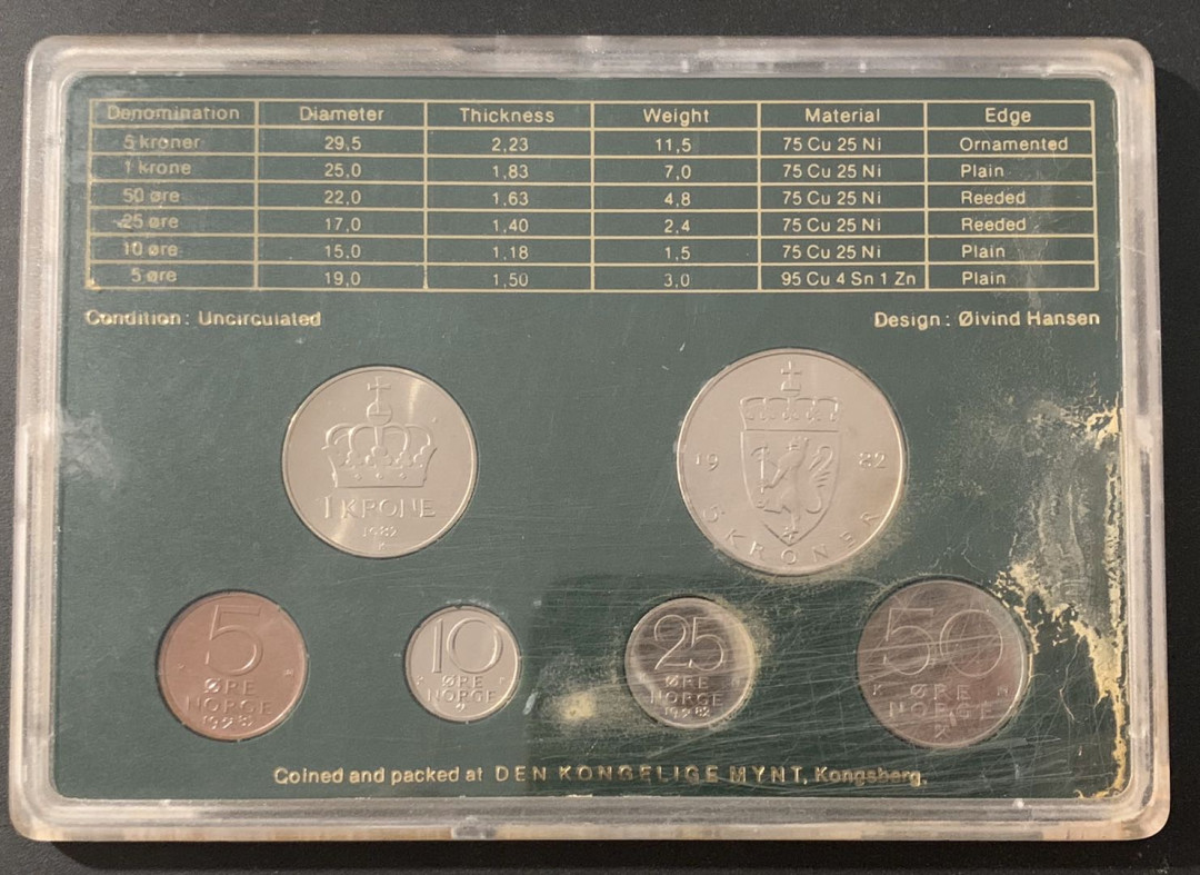 紫瑗钱币—微拍第48期  挪威 1982年 5欧尔—5克朗 流通币 6枚套 原厂盒