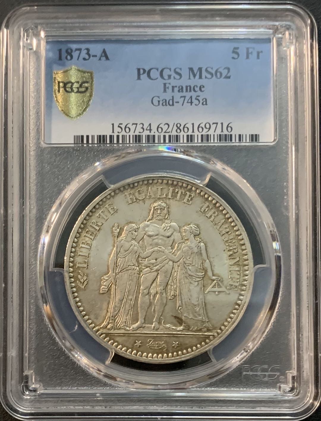 紫瑗钱币—微拍第48期  法国 1873年 A版 大力神 5法郎 PCGS MS62