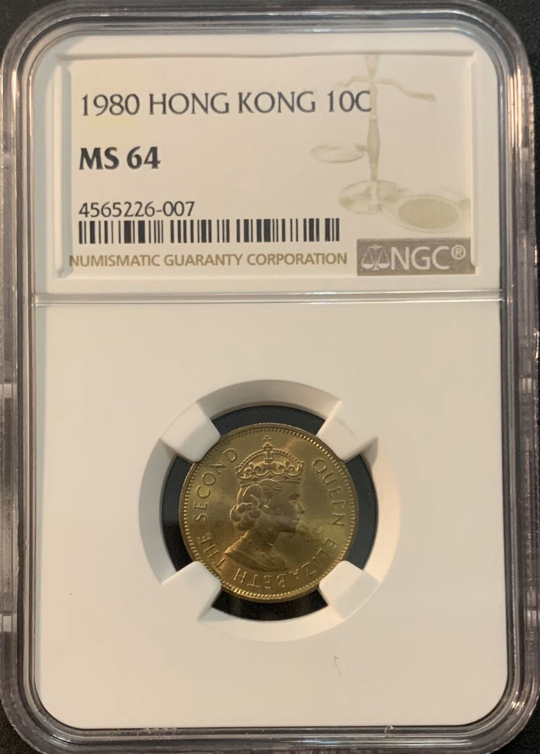 紫瑗钱币—微拍第48期  香港 1980年 伊丽莎白 一毫 NGC MS64 名誉品