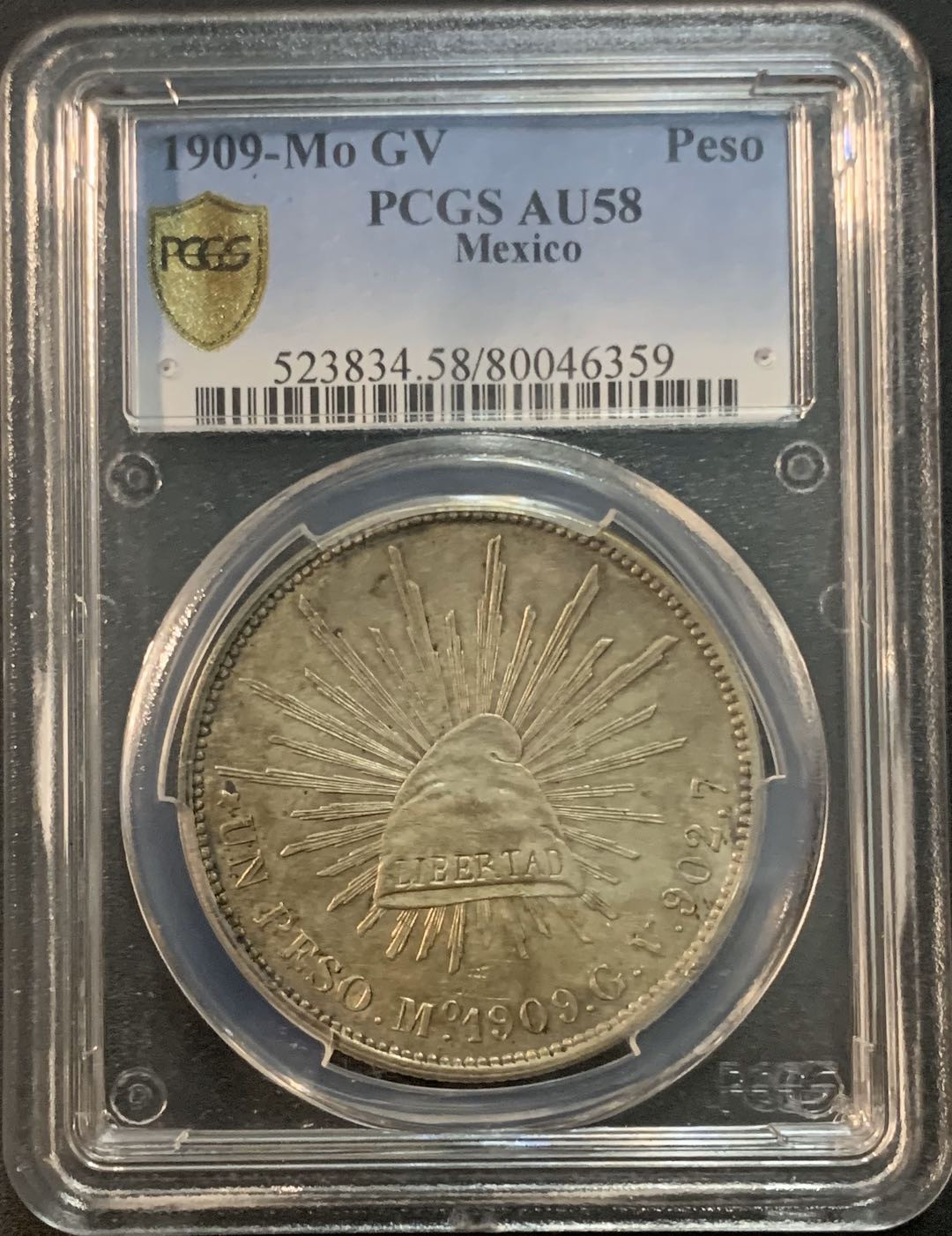 紫瑗钱币—微拍第48期  墨西哥 1909年 MO GV 1比索 直边鹰洋 PCGS AU58