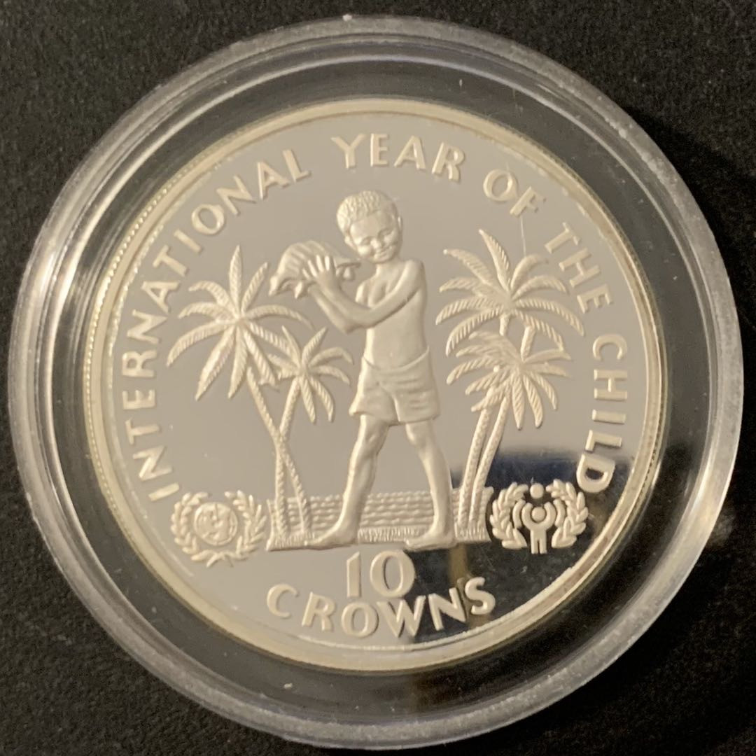 紫瑗钱币—微拍第48期  特克斯与凯恩斯  1982年 国际儿童年 10克朗 23.28克 0.925银 精制