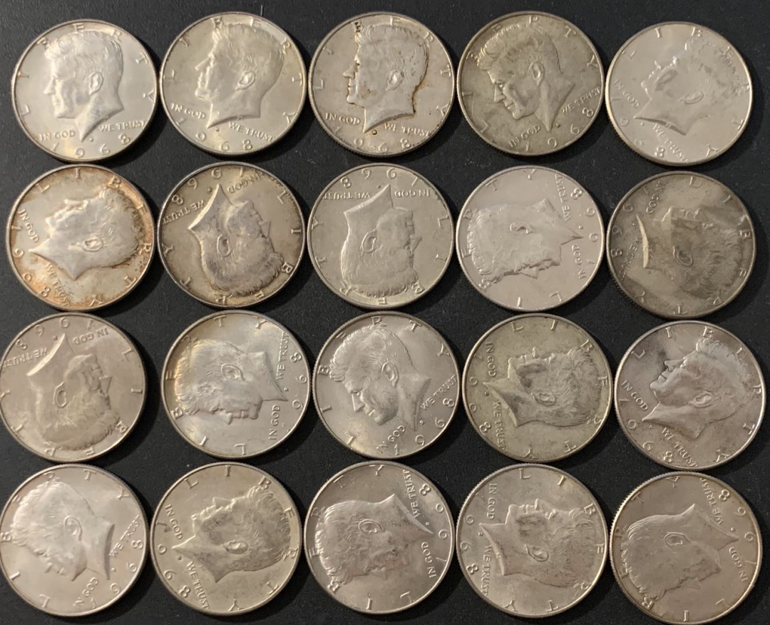 紫瑗钱币—微拍第48期  美国 1968年 肯尼迪 50美分 20枚一组 共230克 0.4银