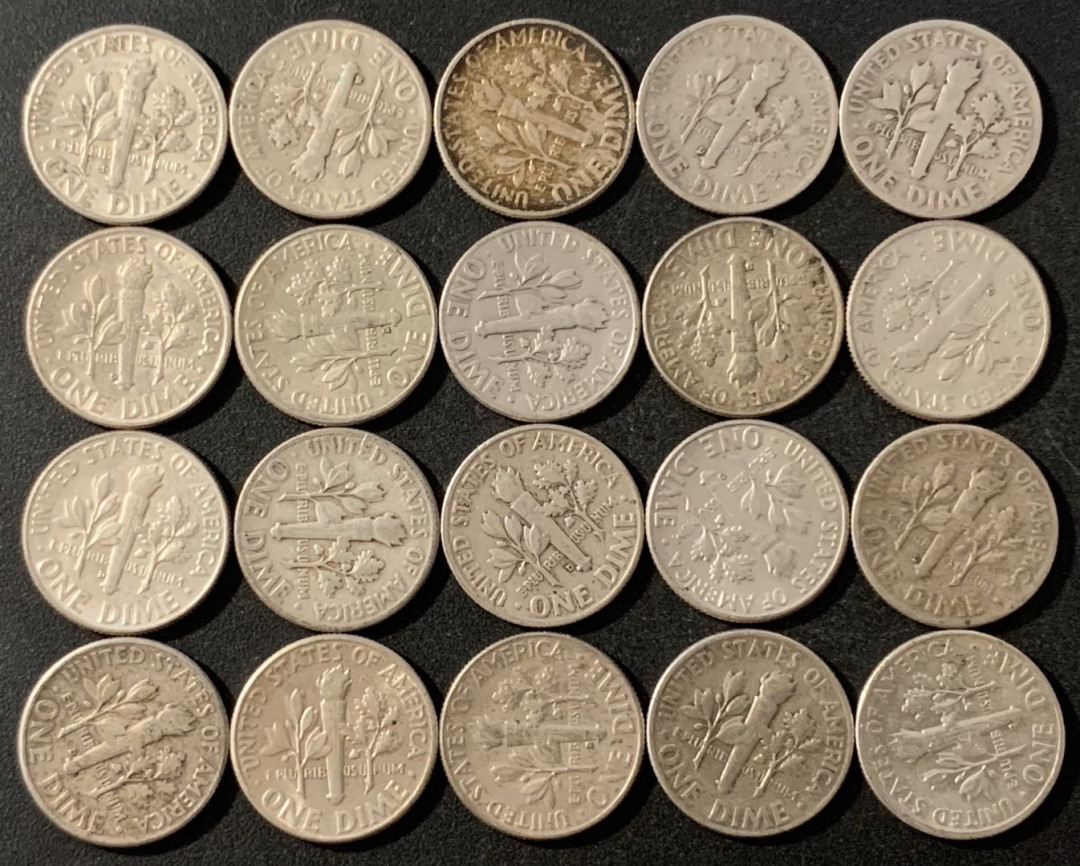 紫瑗钱币—微拍第48期  美国 1946—1964年 罗斯福 10美分 银币 20枚一组 共50克 0.9银