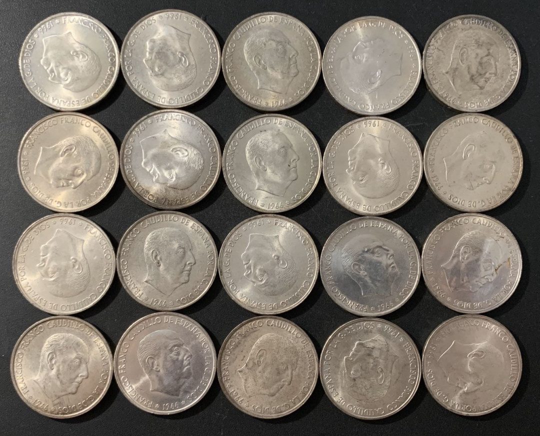 紫瑗钱币—微拍第48期  西班牙 1966年 佛朗哥 100比塞塔  20枚一组 共380克 0.9银 UNC