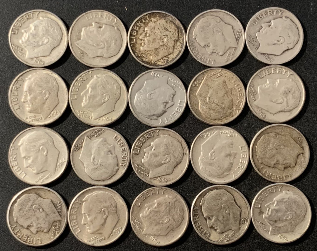 紫瑗钱币—微拍第48期  美国 1946—1964年 罗斯福 10美分 银币 20枚一组 共50克 0.9银