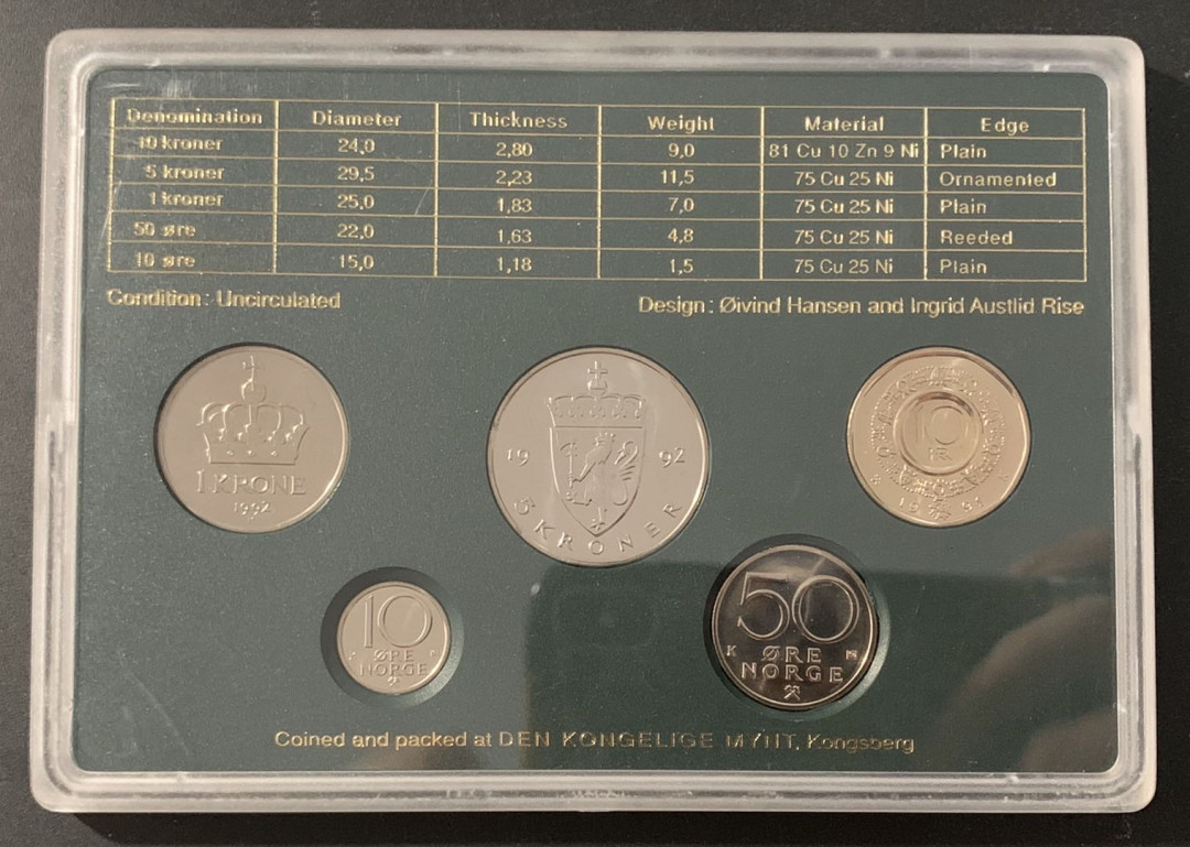 紫瑗钱币—微拍第48期  挪威 1992年 10欧尔—10克朗 5枚套 原厂盒 带纪念5克朗