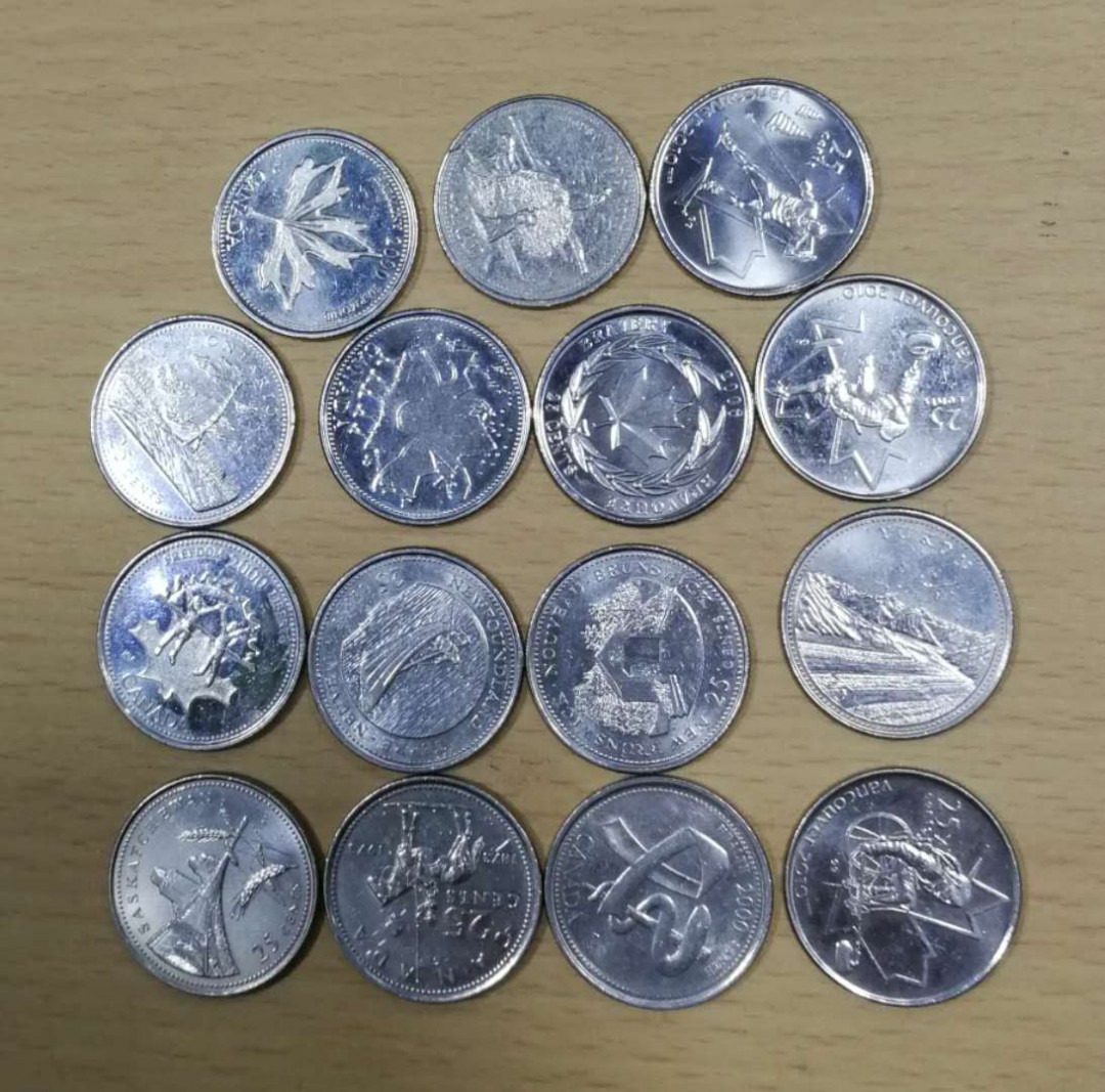 北京马甸外币专卖拍卖第三期，非贵金属硬币专场，陆续上新欢迎关注 加拿大25分纪念币15枚不同，品相如图