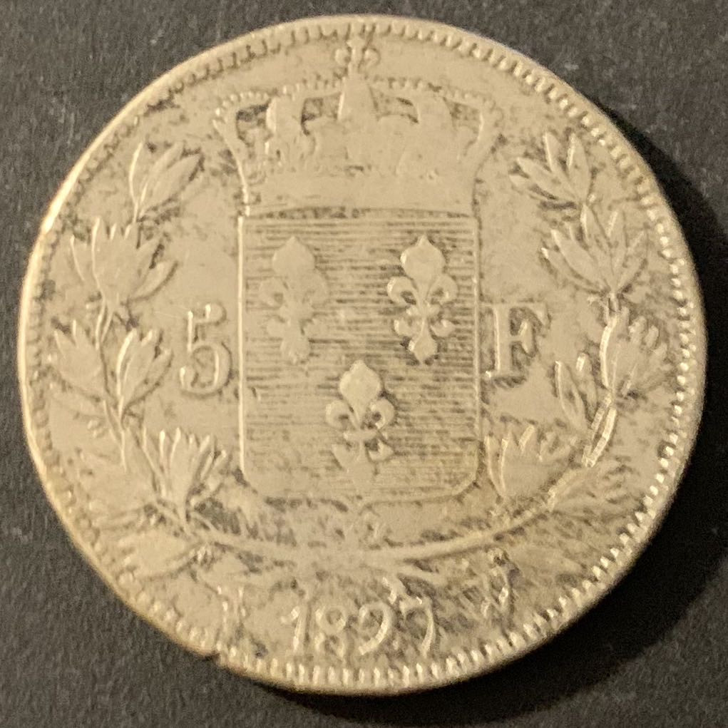 紫瑗钱币—微拍第48期  法国 1827年 查尔斯十世 5法郎 25克 0.9银