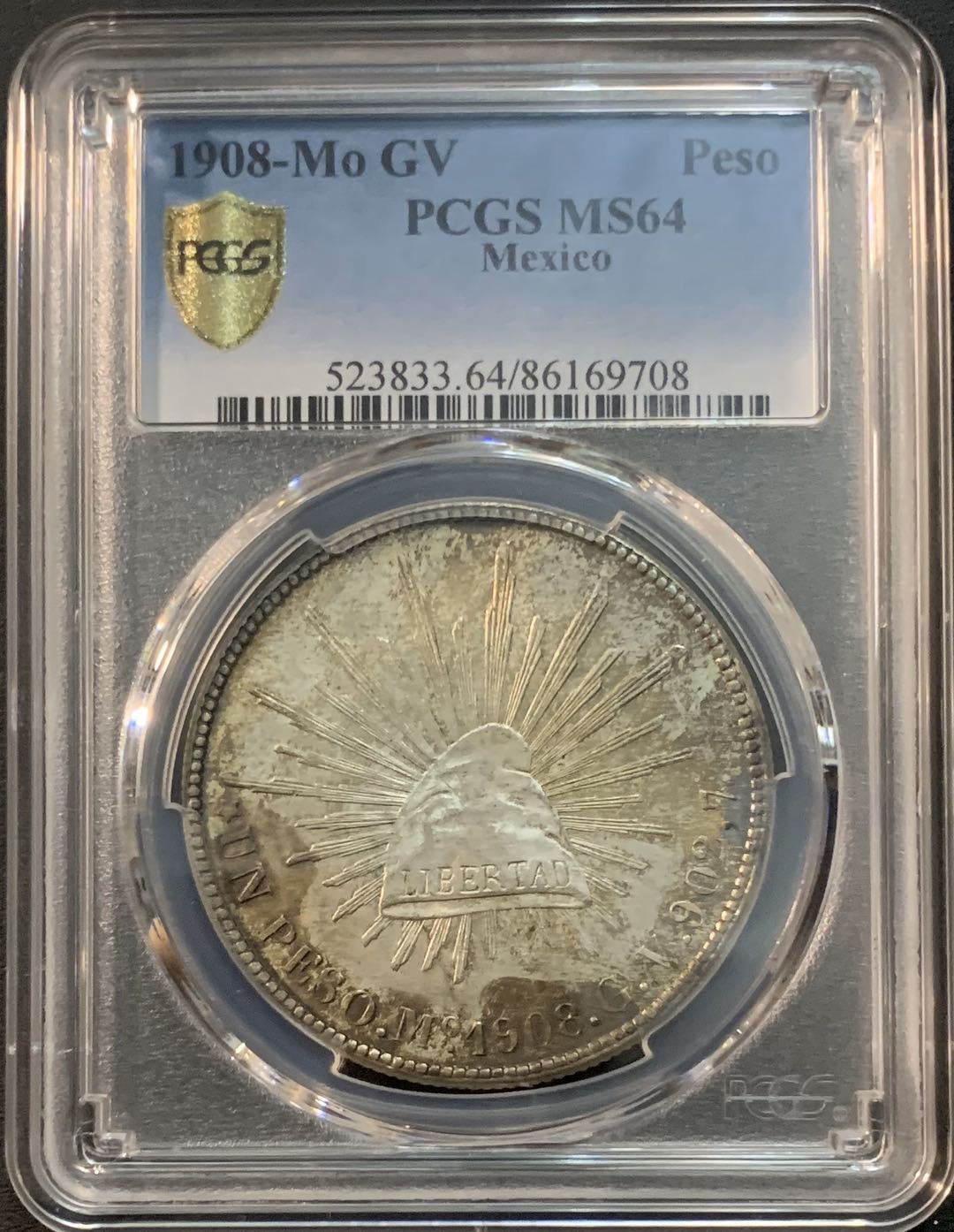紫瑗钱币—微拍第48期  墨西哥 1908年 MO GV 1比索  直边鹰洋 PCGS MS64 带彩