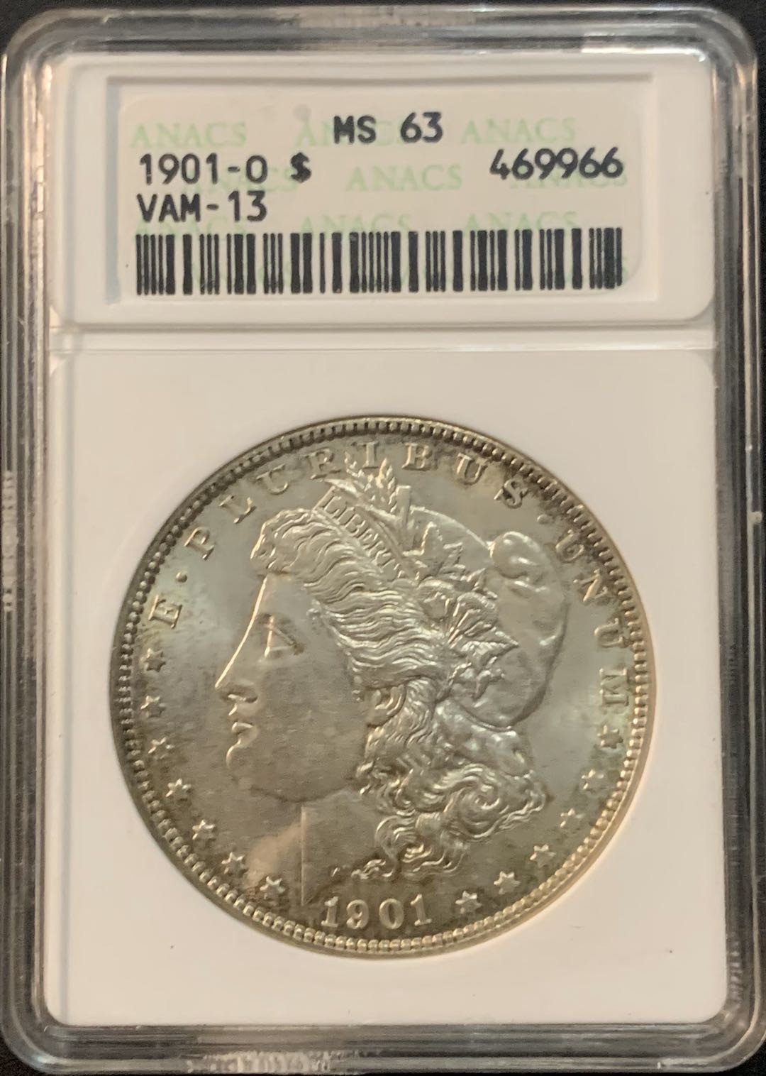 紫瑗钱币—微拍第48期  美国 1901年 O版 摩根 1美元 银币 ANACS MS63 经典小白盒