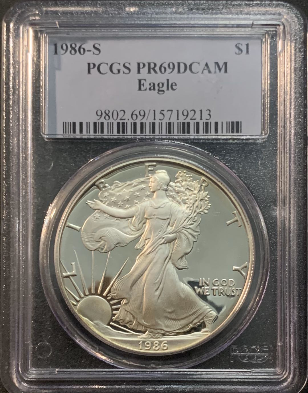 紫瑗钱币—微拍第48期  美国 1986年 S版 行走投资银币 1美元  1盎司纯银 PCGS PR69 DC