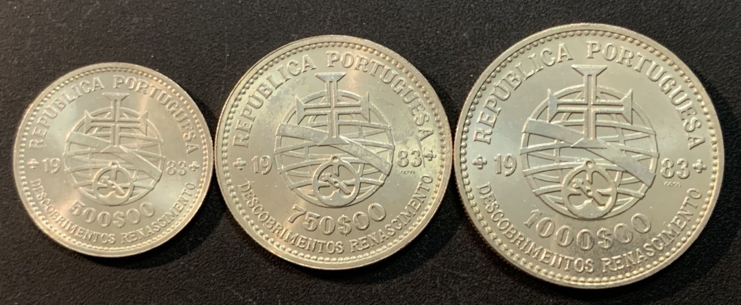 紫瑗钱币—微拍第48期  葡萄牙 1983年 17届欧洲博览会 500 750 1000埃斯库多 三枚 共40.5克 0.835银 BU