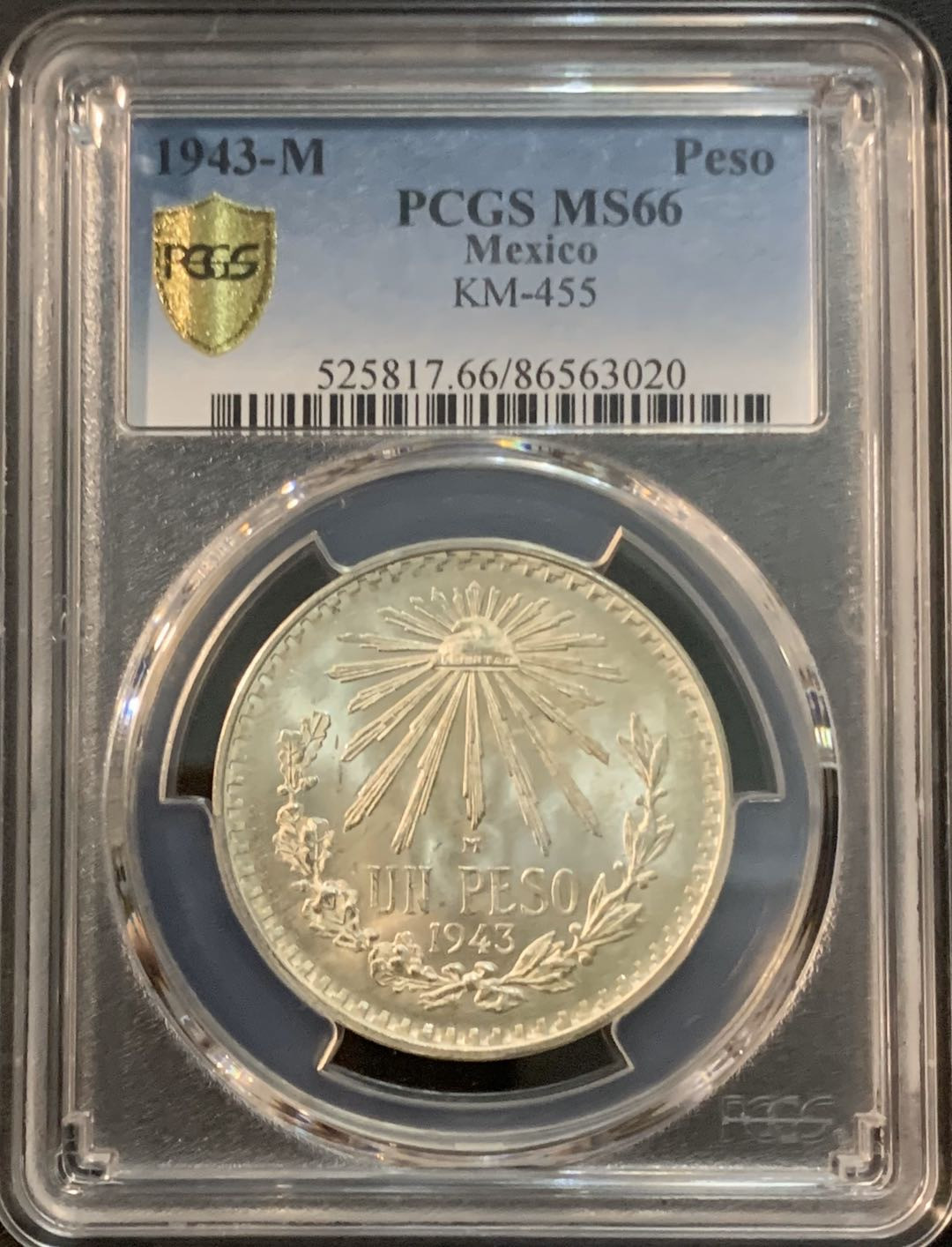 紫瑗钱币—微拍第48期  墨西哥 1943年 鹰洋 1比索 16.6克 PCGS MS66
