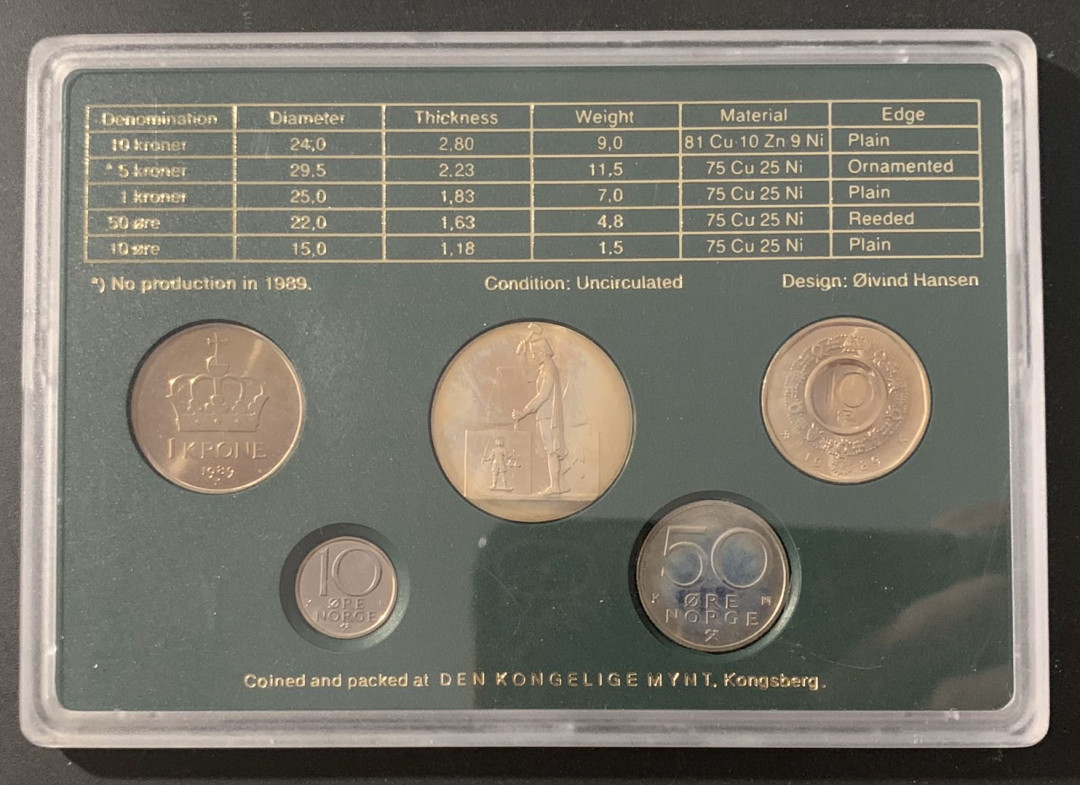 紫瑗钱币—微拍第48期  挪威 1989年 10欧尔—10克朗 5枚套 带纪念章5克朗 原厂盒