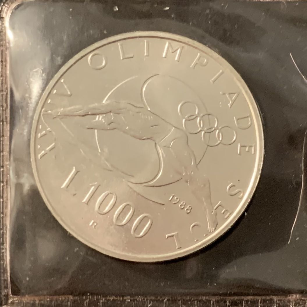 紫瑗钱币—微拍第48期  圣马力诺 1988年 汉城奥运会 1000里拉 14.6克 0.835银