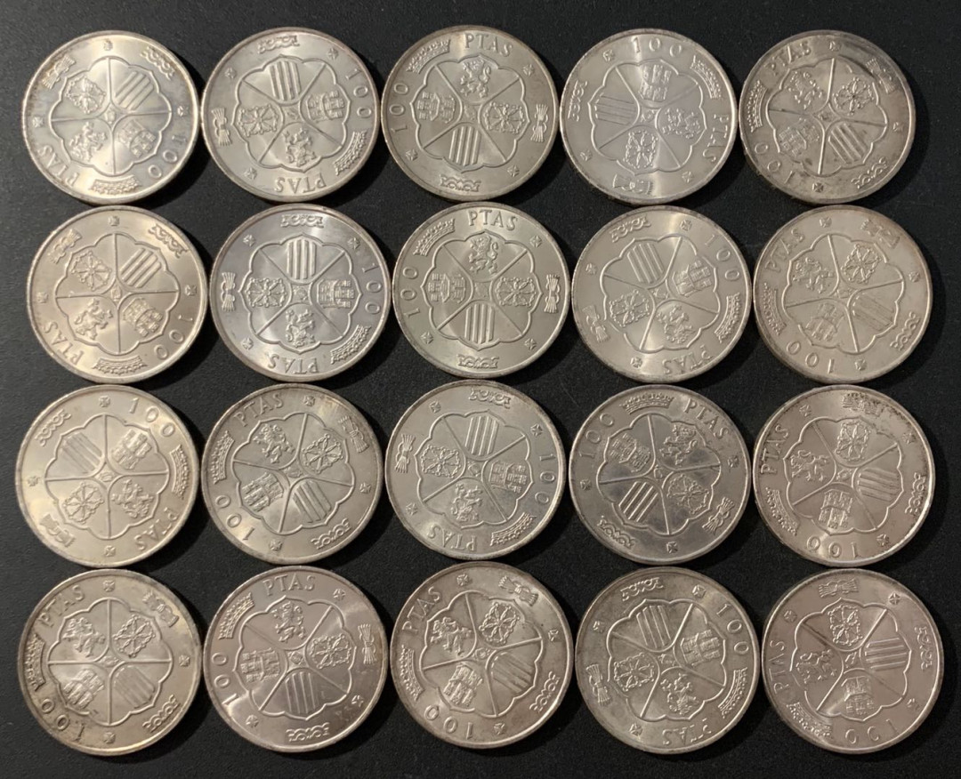 紫瑗钱币—微拍第48期  西班牙 1966年 佛朗哥 100比塞塔  20枚一组 共380克 0.9银 UNC