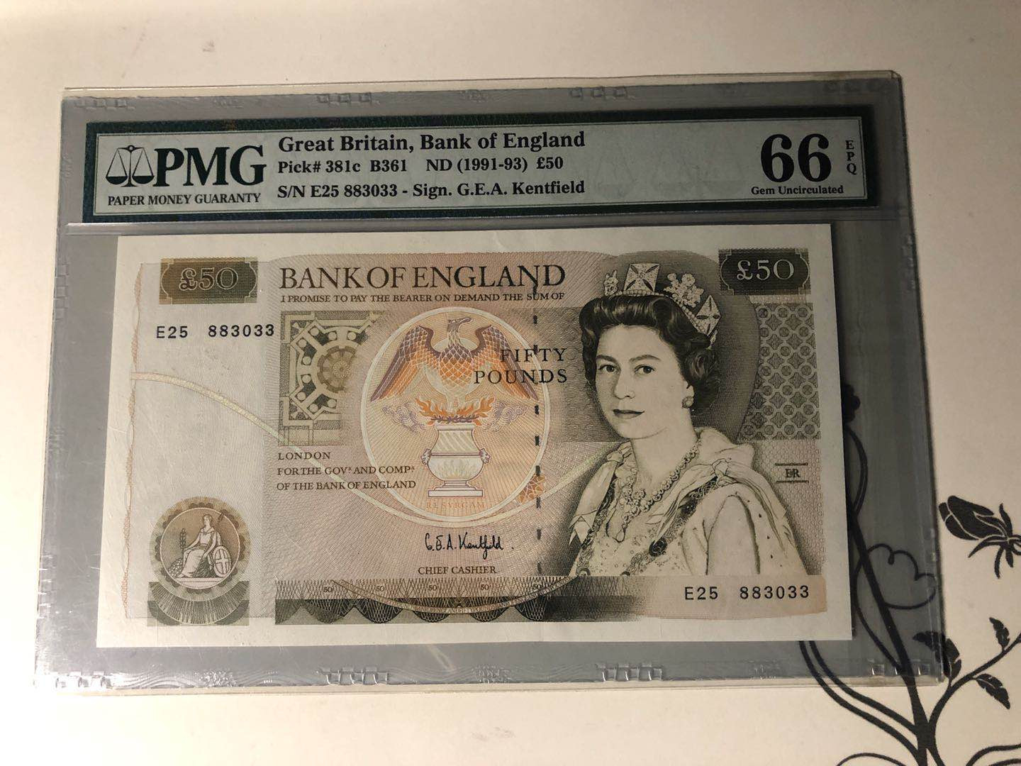 【收藏联盟】第132期拍卖——致敬女王（共60拍） 英国 1991-93年 50镑 p381c  PMG66EPQ  Kentfield签名