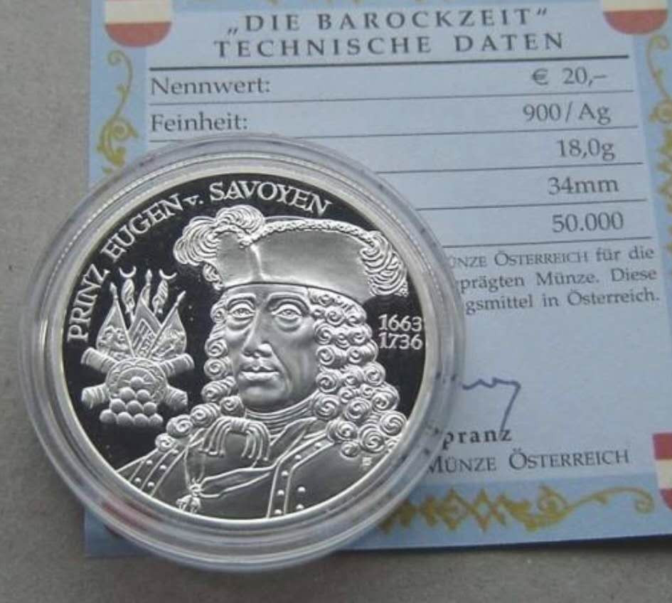 【币观天下】第104期钱币拍卖 奥地利2002年萨伏依的欧根亲王精制银币