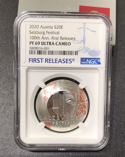 【随心拍&GetCoins】现代钱币拍卖第四十七期 奥地利2020年萨尔茨堡音乐节百年20欧弧形彩色银币NGC69首期蓝标