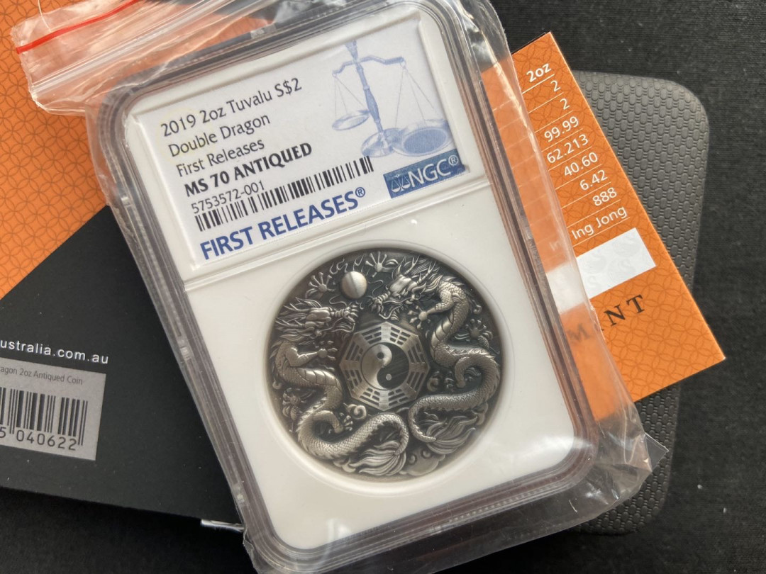 【币观天下】第104期钱币拍卖 【图瓦卢】2019年仿古高浮雕系列双龙【设计师签名版】