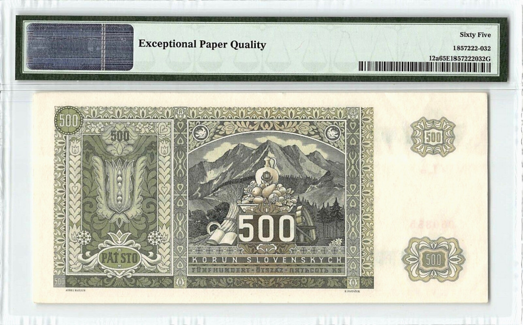 【收藏联盟】第132期拍卖——致敬女王（共60拍） 【实钞稀少】斯洛伐克 1941年 500克朗 特拉塔山 p12a PMG65EPQ 绝品 巨大票幅 意境美