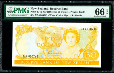 【收藏联盟】第132期拍卖——致敬女王（共60拍） - 【XAA首发冠3位小号】新西兰1981年50元 P-174a PMG66EPQ 花冠女王 次高值