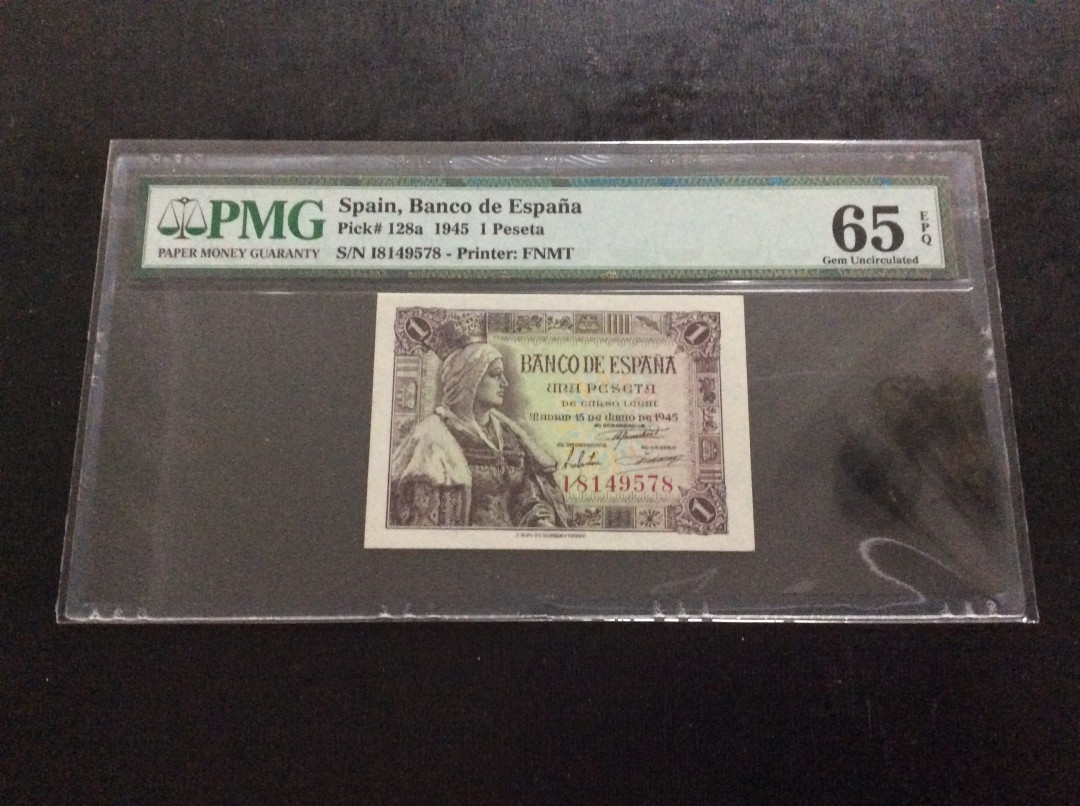 【收藏联盟】第132期拍卖——致敬女王（共60拍） 【一组3张】挪威 2015年50克朗 PMG67EPQ 、西班牙 1945年1比塞塔 PMG65EPQ&1935年10比塞塔 PMG64EPQ