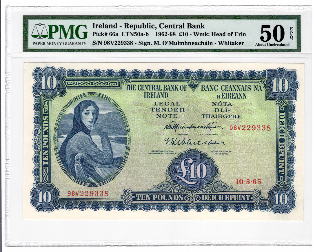 【收藏联盟】第132期拍卖——致敬女王（共60拍） 爱尔兰1965年10镑PMG50EPQ  P-66a 大票幅