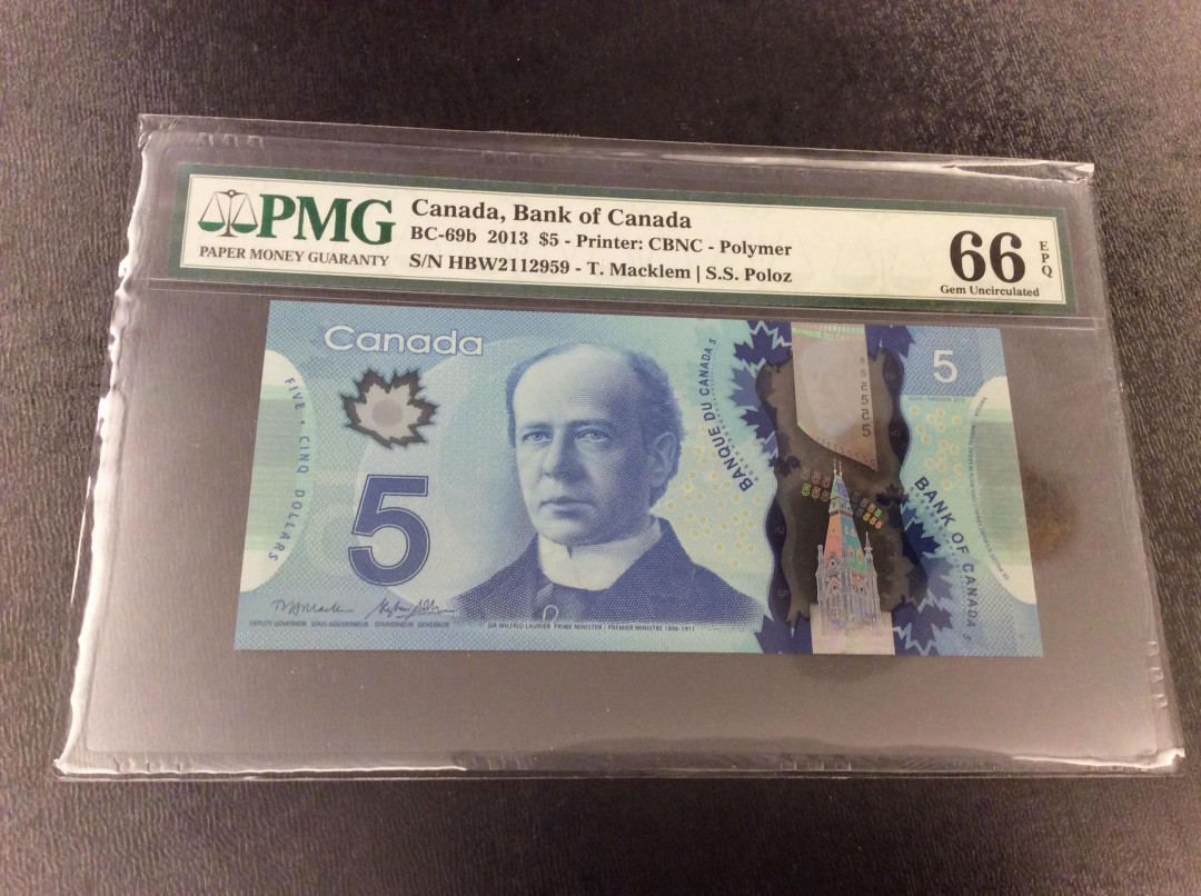 【收藏联盟】第132期拍卖——致敬女王（共60拍） 【一组2张连号】加拿大 2013年5元 塑料钞 PMG66EPQ