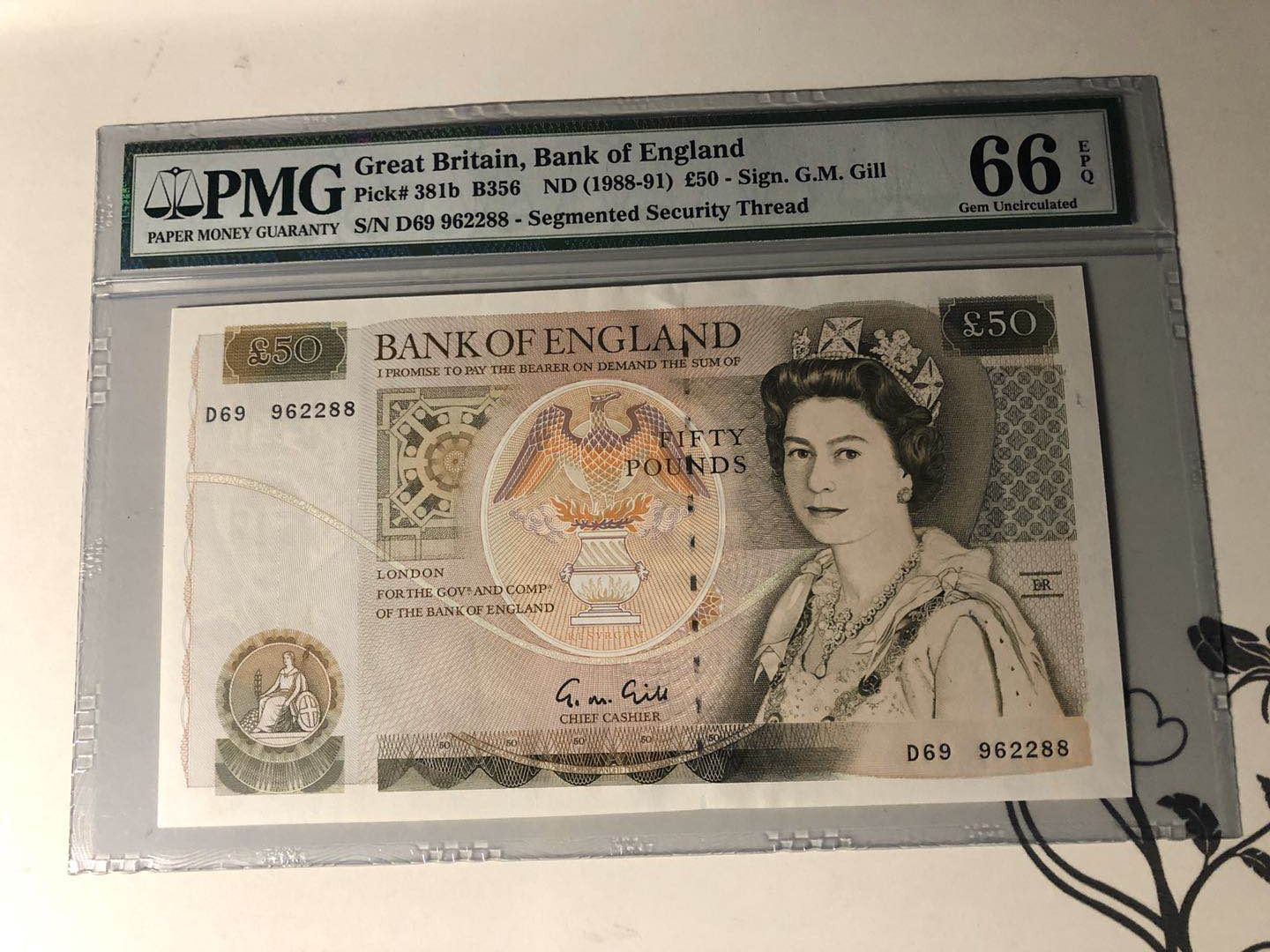 【收藏联盟】第132期拍卖——致敬女王（共60拍） 英国 1988-91年 50镑 p381b  PMG66EPQ  Gill签名